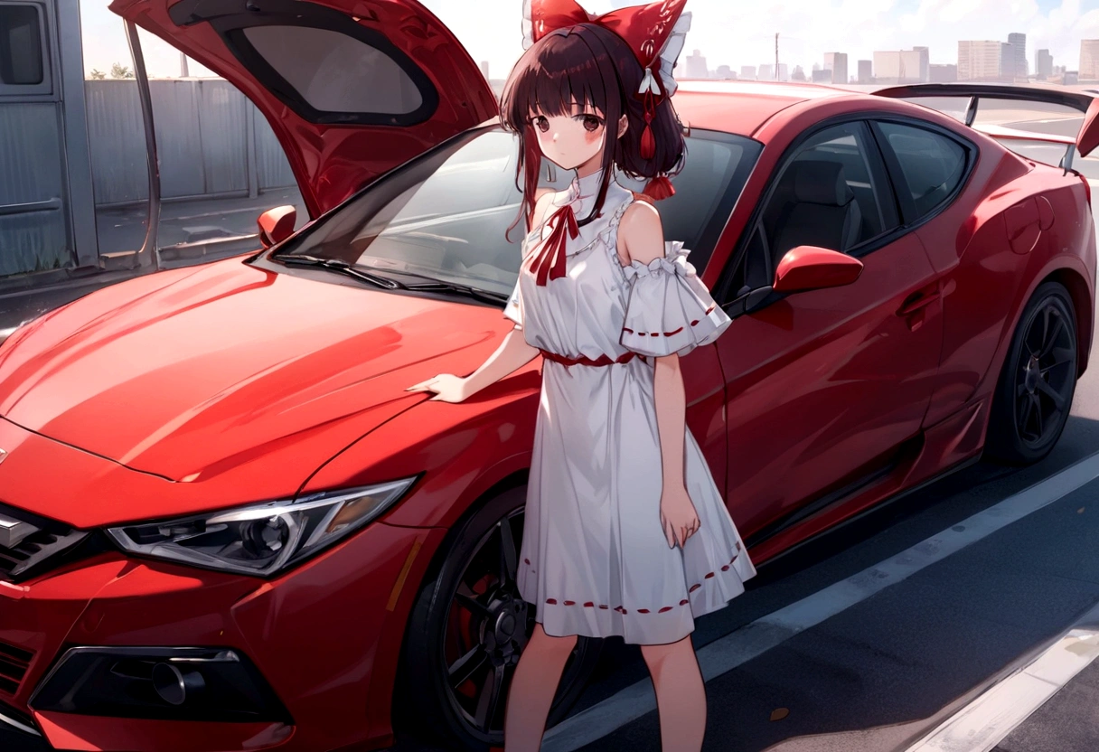 araffe girl in a white dress standing next to a red car, anime style 4 k, anime style. 8k, cute anime waifu in a nice dress, anime moe artstyle, 8k!, reimu hakurei, made with anime painter studio, guweiz, smooth anime cg art, badass anime 8 k, high quality anime artstyle