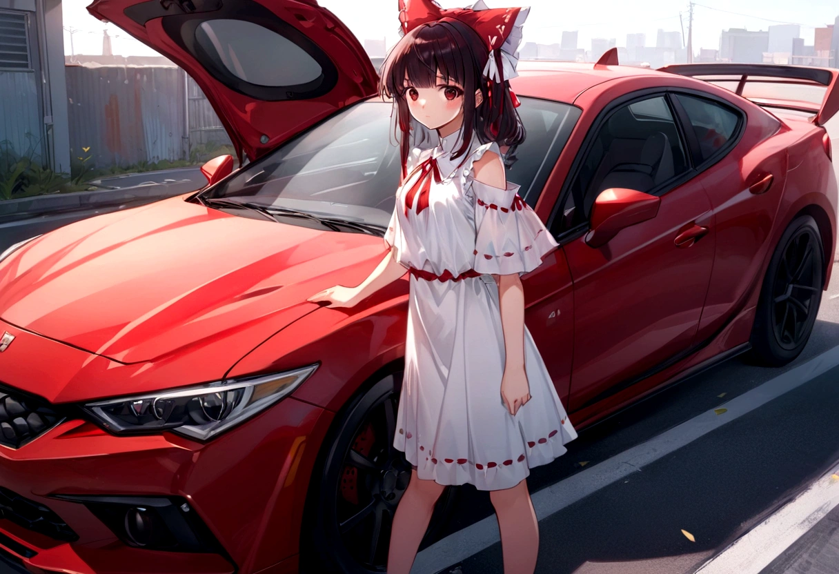 araffe girl in a white dress standing next to a red car, anime style 4 k, anime style. 8k, cute anime waifu in a nice dress, anime moe artstyle, 8k!, reimu hakurei, made with anime painter studio, guweiz, smooth anime cg art, badass anime 8 k, high quality anime artstyle