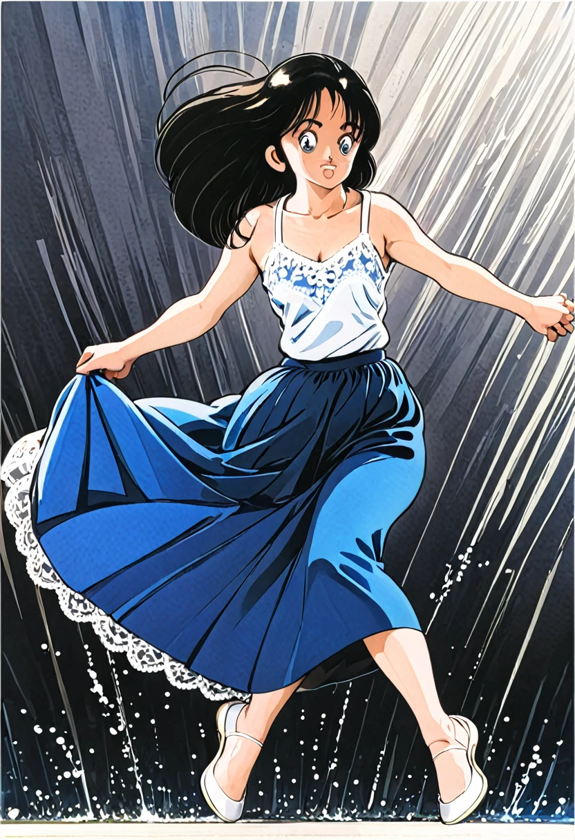 音無響子制服のLong skirt、The color is dark blue、
Low - Angle、制服のLong skirt、The color is dark blue、
Low - Angle、Long skirt、Hold down your skirt that is being blown up by the strong wind、Anime white panties in a strong wind、Crotch is visible
ローレグのパンツ、Color: White、
Crotch is visible、
、Lined、White lace lining、