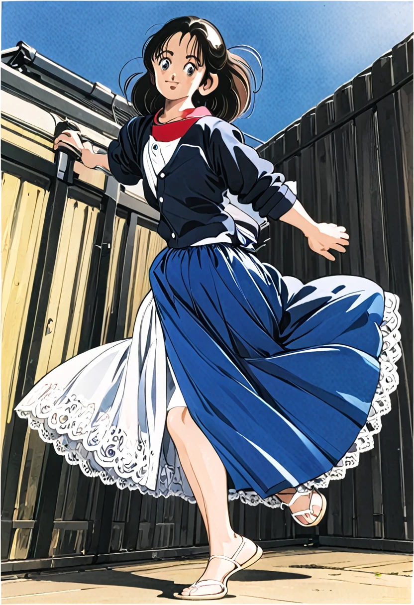 音無響子制服のLong skirt、The color is dark blue、
Low - Angle、制服のLong skirt、The color is dark blue、
Low - Angle、Long skirt、Hold down your skirt that is being blown up by the strong wind、Anime white panties in a strong wind、Crotch is visible
ローレグのパンツ、Color: White、
Crotch is visible、
、Lined、White lace lining、