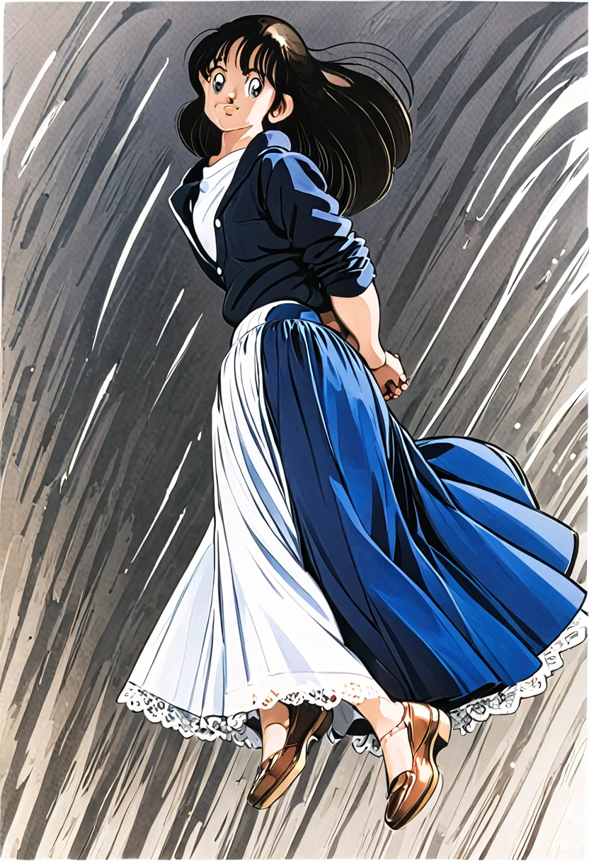 音無響子制服のLong skirt、The color is dark blue、
Low - Angle、制服のLong skirt、The color is dark blue、
Low - Angle、Long skirt、Hold down your skirt that is being blown up by the strong wind、Anime white panties in a strong wind、Crotch is visible
ローレグのパンツ、Color: White、
Crotch is visible、
、Lined、White lace lining、
