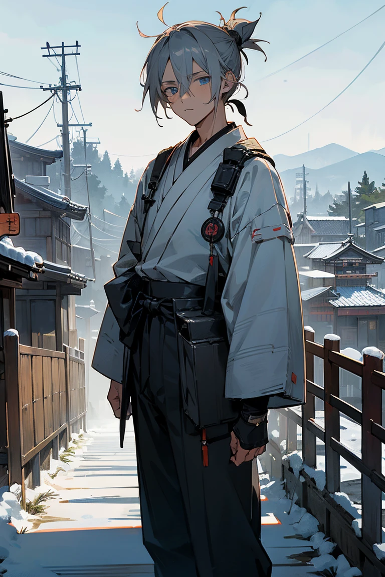 1 male, teenager, Gray Hair, short hair, Messy Man Bun, blue eyes, ((Black Pilot)), White yukata, Black underwear, (old Japan background), Detailed Background, standing on the path, Expressionless, emotionless, Old Japanese town background, Snow Scene、sunglasses、Landscape、Wearing a white yukata、