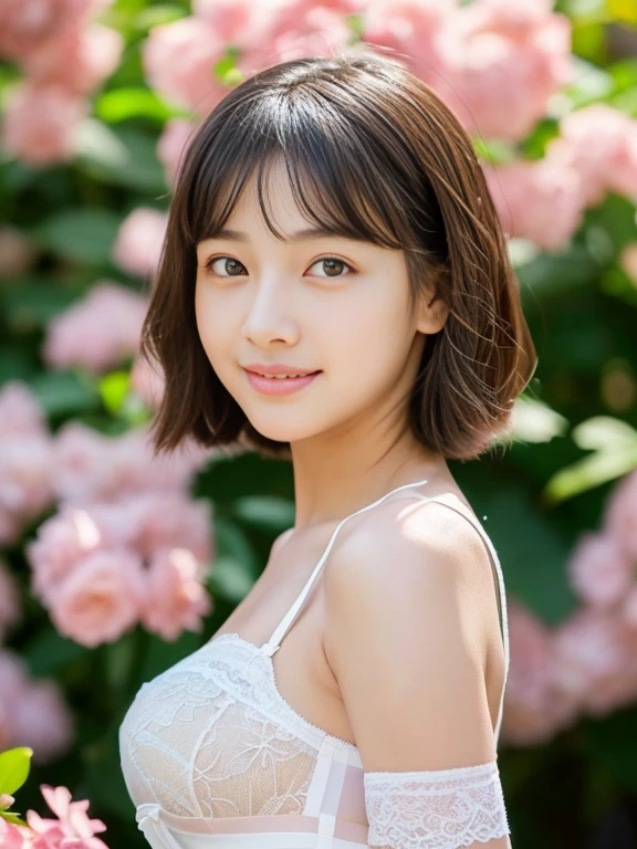 A photorealistic image of a young Asian woman with a gentle smile, soft lighting, and a background of blooming flowers. Her hair is slightly tousled by the wind, and she has a natural, fresh look. High resolution, ultra-detailed, 8K, best quality. ((Upward glance)), ((angle From above: 1. 3)), From above, Looking into the camera,