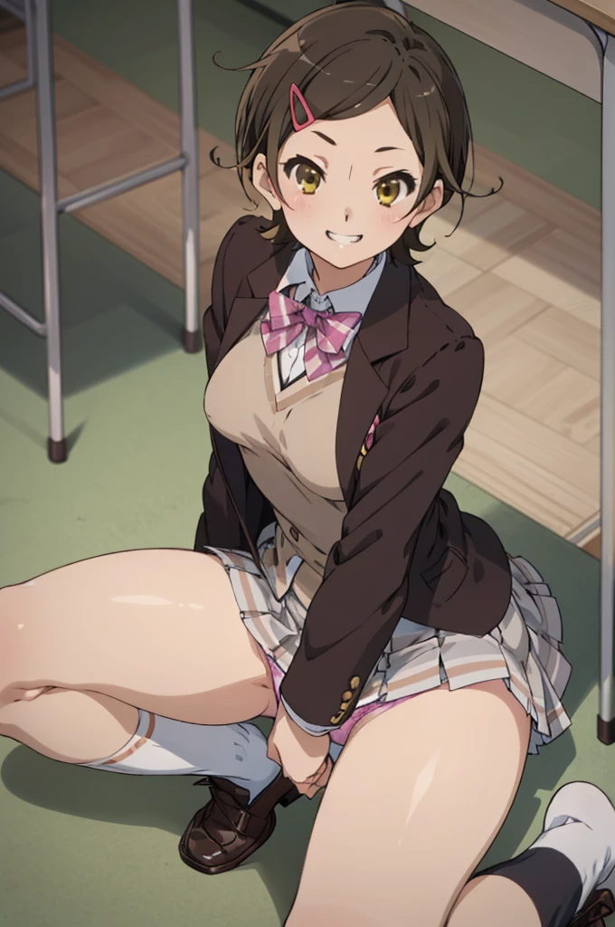 solo, 1girl, , hazuki katou,.,looking viewer ,grin,medium breasts,classroom,blazer,miniskirt,socks,sit on floor,open legs,spread legs,,peace pose,( panties),'(nsfw)