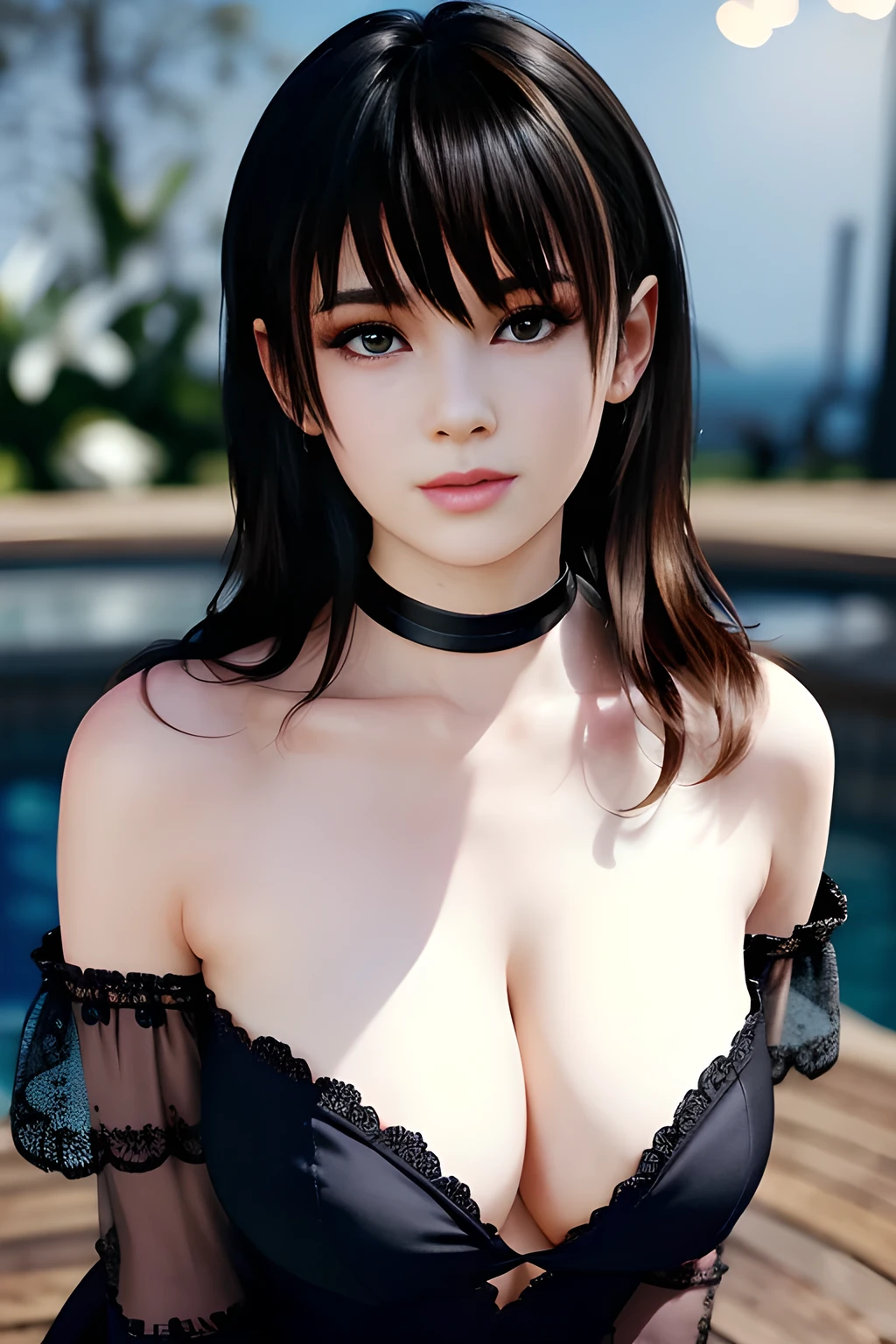 1girl,long sleeves, black dress, off shoulder, bare shoulders, long dress, see-through, tulle dress, , huge breasts, lactation, starry background, elegance, magical atmosphere, (soft lighting:1.5), serene, graceful, beautiful detailed eyes, beautiful detailed lips, extremely detailed face, long eyelashes, (best quality, 4k, 8k, highres, masterpiece:1.2), ultra-detailed, (realistic, photorealistic, photo-realistic:1.37), vibrant colors, focus on thighs and above,Nanami