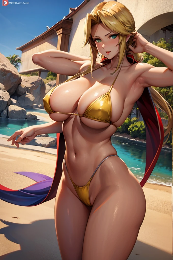 (Strong sunlight)Golden Bikini (Triumphant Face:1.3), The face we&#39;re looking for,8K(A slightly shy smile)
 woman,Huge boobs,very red lips,Emphasis on huge breasts,Big Ass,Thin waist long legs,Green Eyes, Emphasis on huge breasts,緑がかった青い目
 8K(Anime style face:1.1) The facial expression is good,Seaside,
Huge boobsBig Ass,Thin waist long legs,Green EyesHuge boobsBig Ass,Thin waist long legs,Green Eyes,Cheeks are a little red,Mischievous face