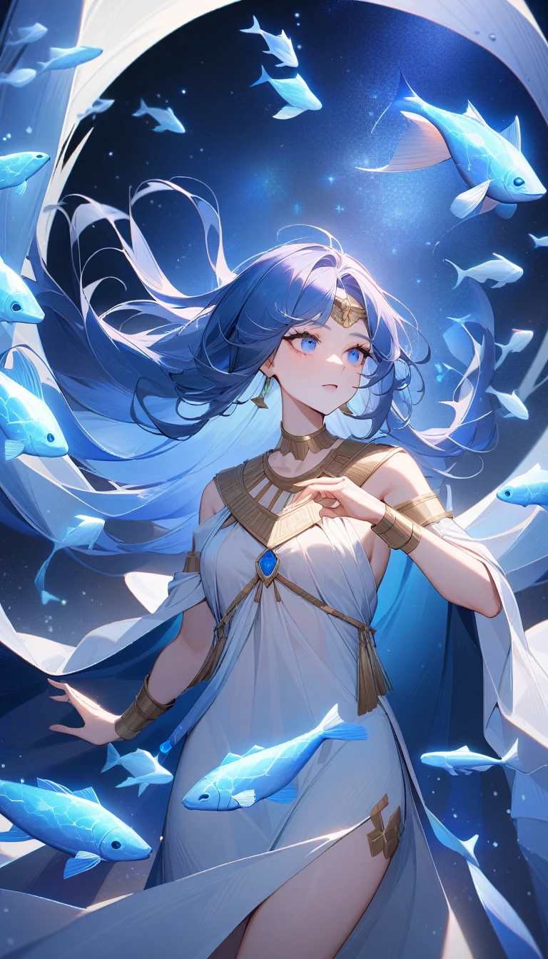 (Huang Li、high quality、Extremely detailed),Constellation-Pisces Goddess,Little fish,Woman petting a school of fish,Similar to Latin goodness,brave,capricious,Productivity,The face of enterprising and humanitarianism,Long blue hair,Ancient Greek costumes、Wrap Dress,The background is the universe,Crystal blue eyes(Eyes Details),Powerful appearance