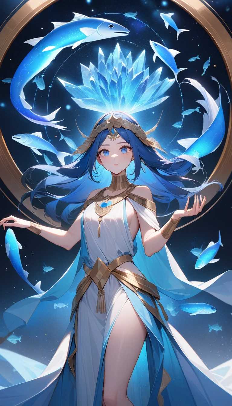 （Huang Li、high quality、Extremely detailed），Constellation-Pisces Goddess，Little fish，Woman petting a school of fish，Similar to Latin goodness，brave，capricious，Productivity，The face of enterprising and humanitarianism，Long blue hair，Ancient Greek costumes、Wrap Dress，The background is the universe，Crystal blue eyes（Eyes Details），Powerful appearance