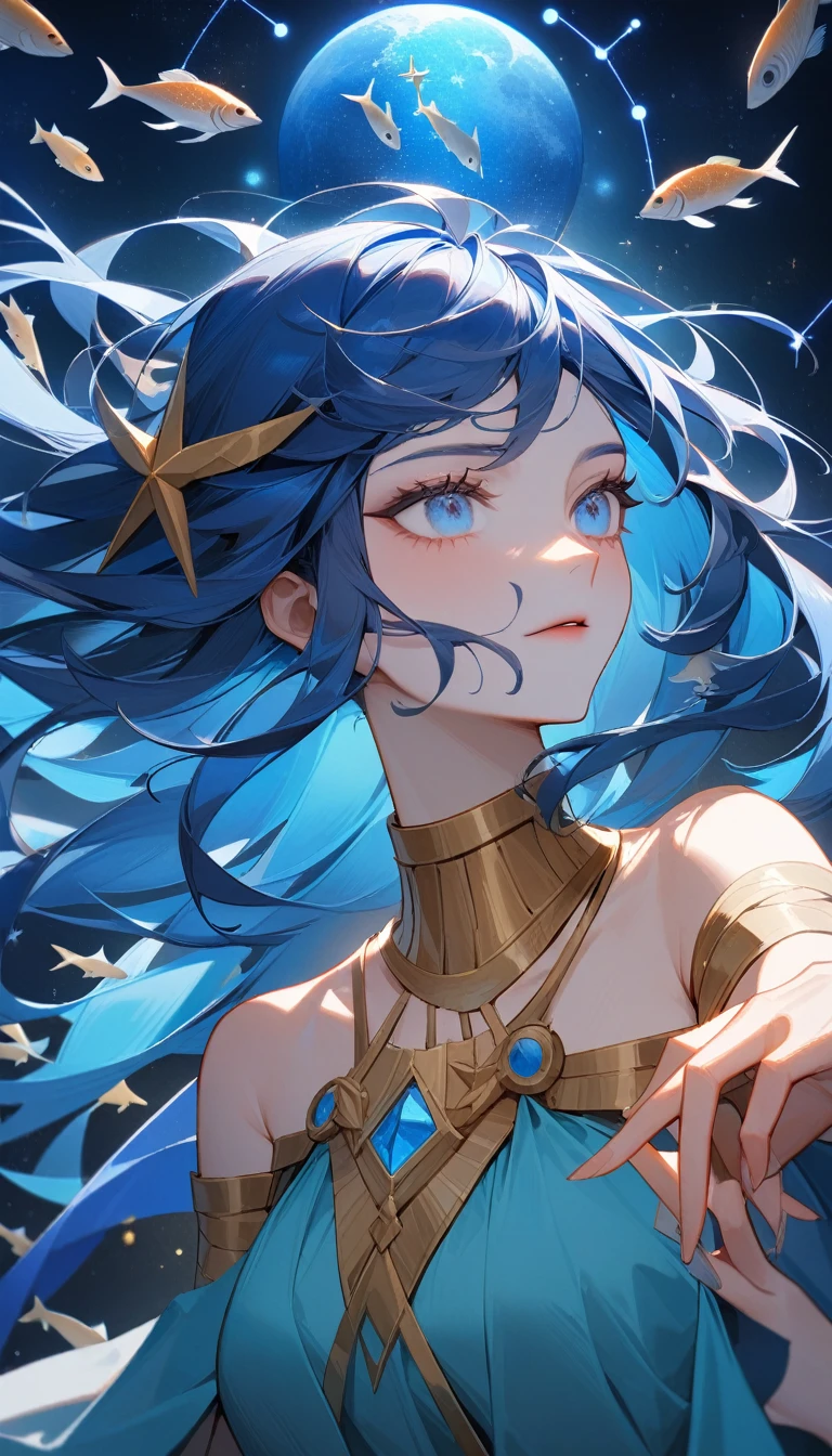 (Huang Li、high quality、Extremely detailed),Constellation-Pisces Goddess,Little fish,Woman petting a school of fish,Similar to Latin goodness,brave,capricious,Productivity,The face of enterprising and humanitarianism,Long blue hair,Ancient Greek costumes、Wrap Dress,The background is the universe,Crystal blue eyes(Eyes Details),Powerful appearance