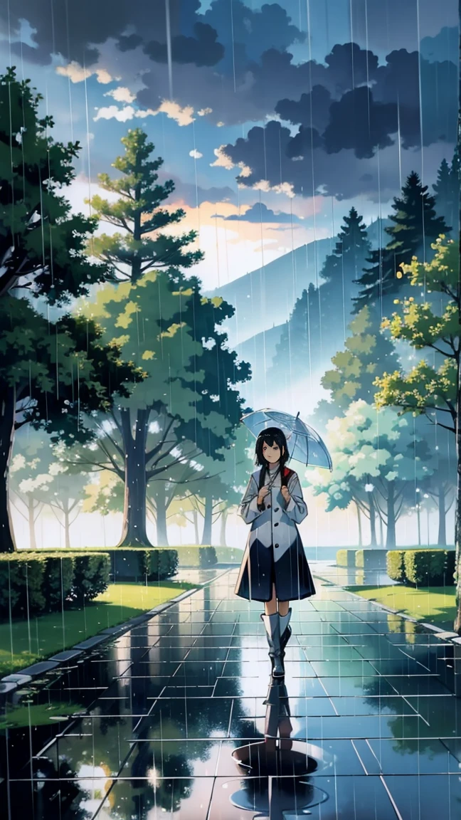 A Japanese anime-style illustration of a young girl walking with an umbrella in the rain. The scene depicts the girl in a serene and peaceful atmosphere, with soft lighting and gentle rain. The background includes elements like trees, a pathway, and a calm landscape, creating a tranquil setting. The girl is wearing a light raincoat and boots, with her umbrella shielding her from the rain.