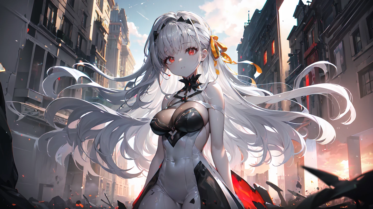 ((((Obra maestra, La mejor calidad, ultrahigh resolution)))), 1girl, standing, (cute maid costume), ((long pure silver hair and grey mesh hair, hair over eye)), long hair cut, pale skin, ((red eyes)), glowing_eyes, neon eyes, (ultra detailed eyes:0.7, beautiful and detailed face, detailed eyes:0.9), smile, ((wide shot)), facing viewer, ((vibrant background, bright lighting, summer, sunlight)), flat chested, looking at viewer, ((half closed eyes)), ((perfect hands)), (((head:1, arms, hips in view, elbows, arms, legs, in view))), ((hands behind back)), empty eyes, beautiful lighting, ((outside, outdoors)), defined subject, head tilt, (((gritty)), ((creepy)), ((cool)), ((beautiful)), (((SFW))),  standing on the right, moon, city, 