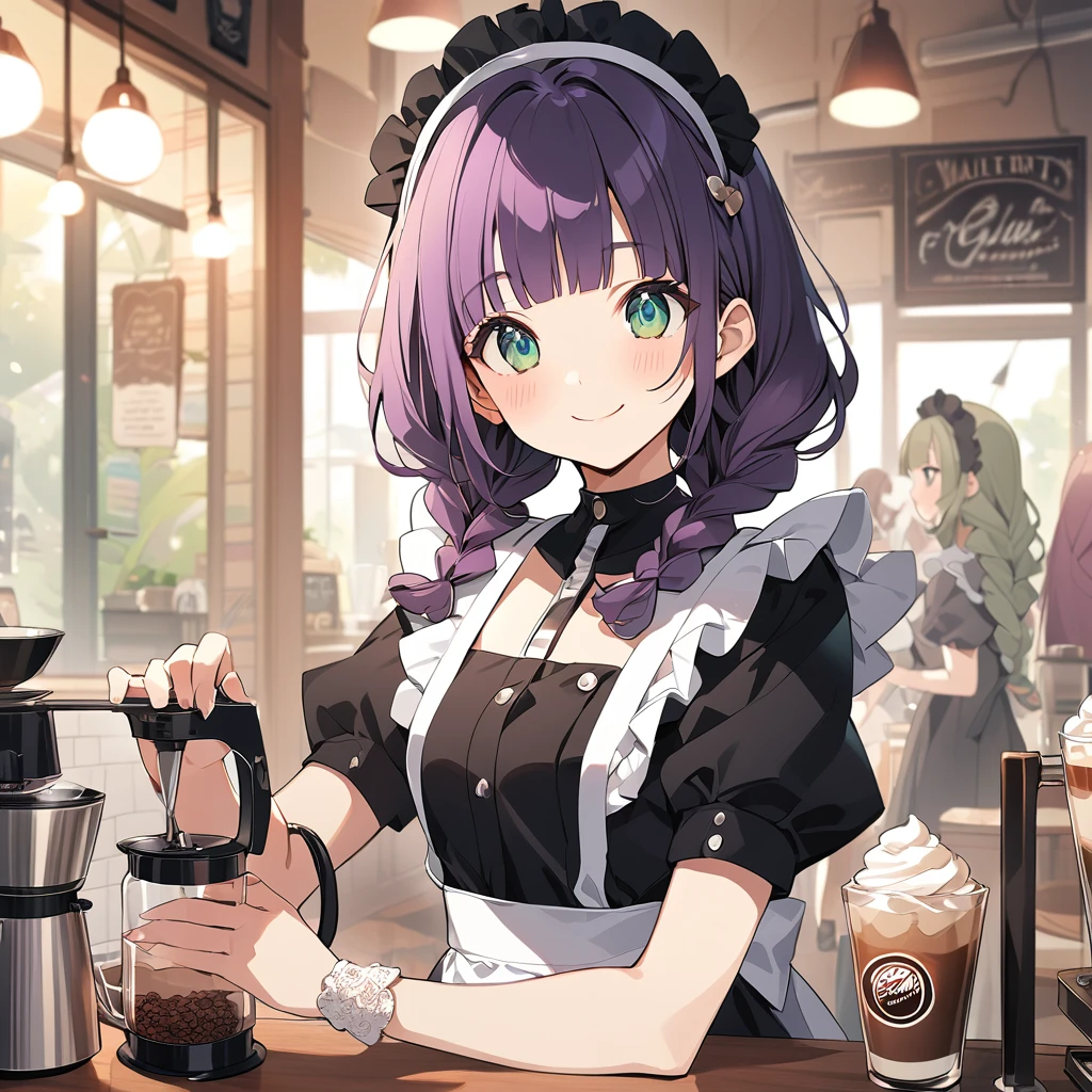 (Cute a girl:1.5), (masterpiece:1.3), anime visual, (a gril with semi long twin braids wavy hair, pale purple blunt bangs hair, dark green eyes,smiling:1.3), (tilt head:1.3), waltercolor,rough toutch,The girl is wearing a jet black maid outfit, white brim, and apron dress, and is brewing coffee with a siphon in a retro coffee shop,