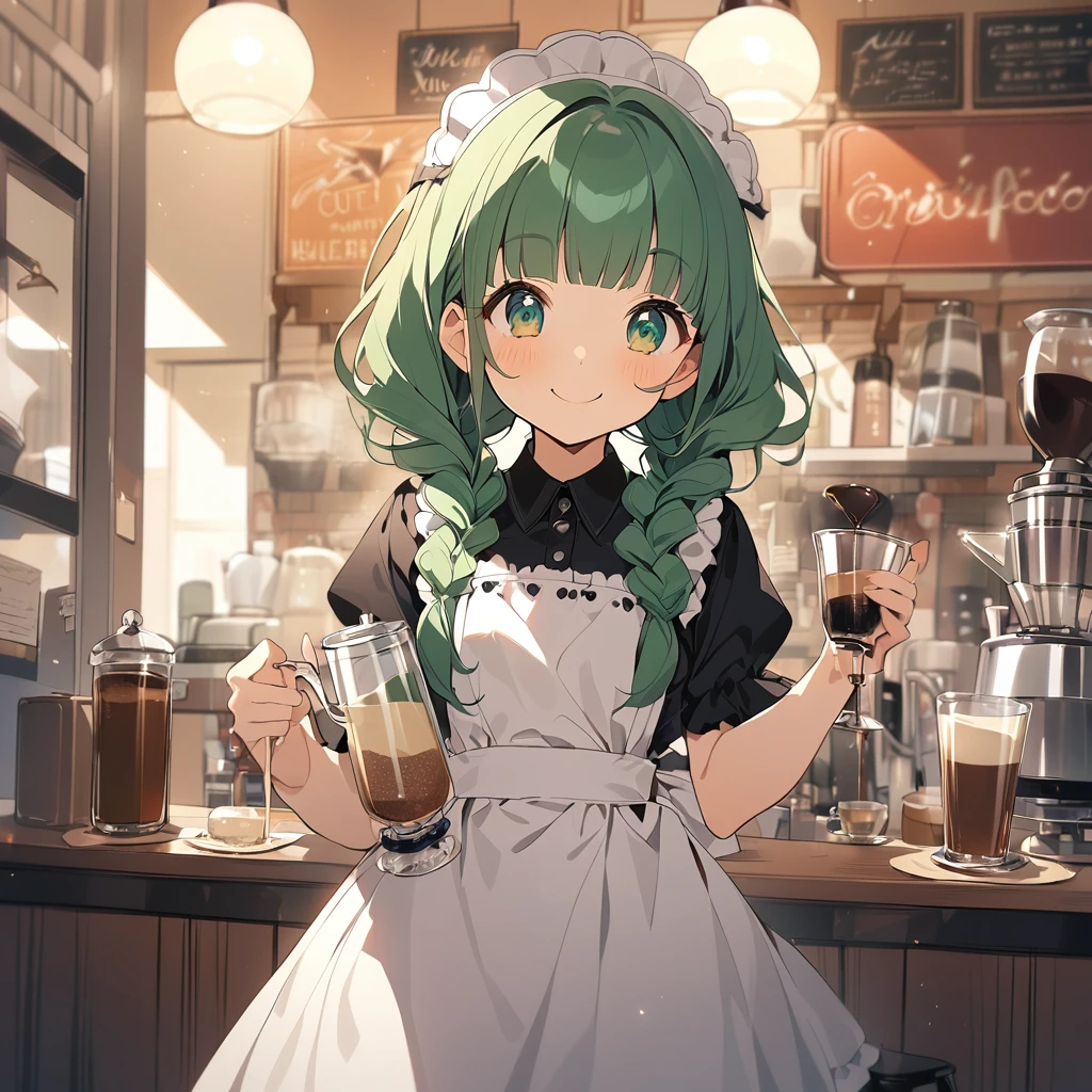 (Cute a girl:1.5), (masterpiece:1.3), anime visual, (a gril with semi long twin braids wavy hair, pale purple blunt bangs hair, dark green eyes,smiling:1.3), (tilt head:1.3), waltercolor,rough toutch,The girl is wearing a jet black maid outfit, white brim, and apron dress, and is brewing coffee with a siphon in a retro coffee shop,