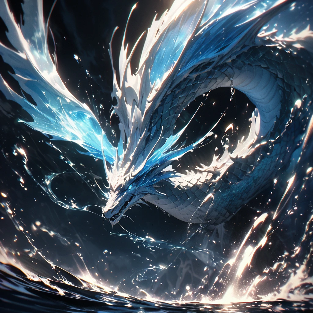 Under the vast night sky,A lifelike water dragon is showing its magnificent posture。The water dragon sprays delicate and complex water streams and ripples,Extremely rich in details,Water flows are rendered with realistic and photorealistic accuracy。The clear water flow is particularly eye-catching against the dark background,In sharp contrast。As the water dragon appears vividly in the sky,The overall composition exudes a sense of mystery and wonder,A unique work of art。Carefully designed lighting effects enhance the drama of the dragon's water flow,The whole work exudes a fascinating atmosphere。
