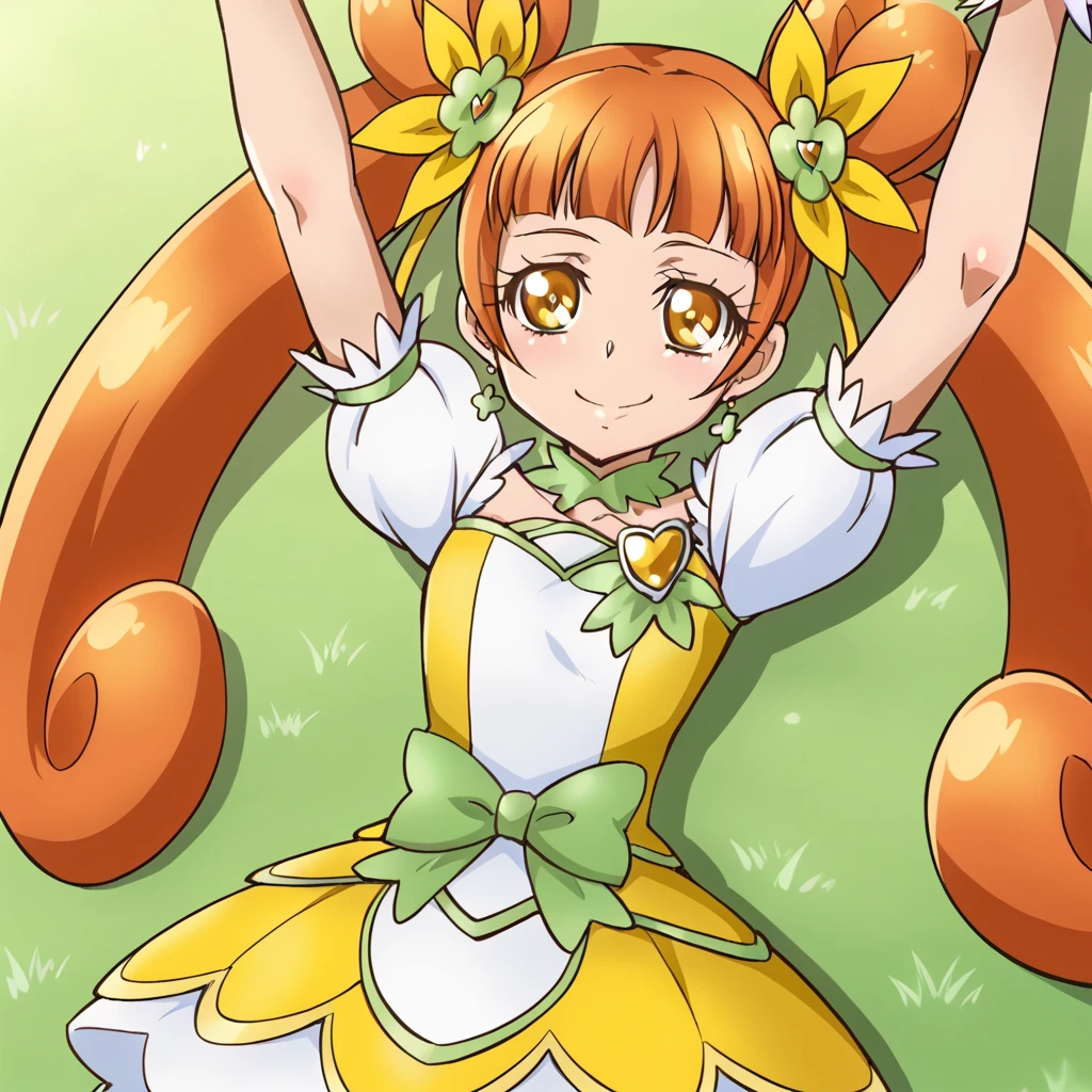 curerosetta, shiny skin, high quality, solo, lying, on back, arms up, spread arms, closed mouth, on grass, (cowboy shot:1.5), looking at viewer, nervous, smile, best quality,