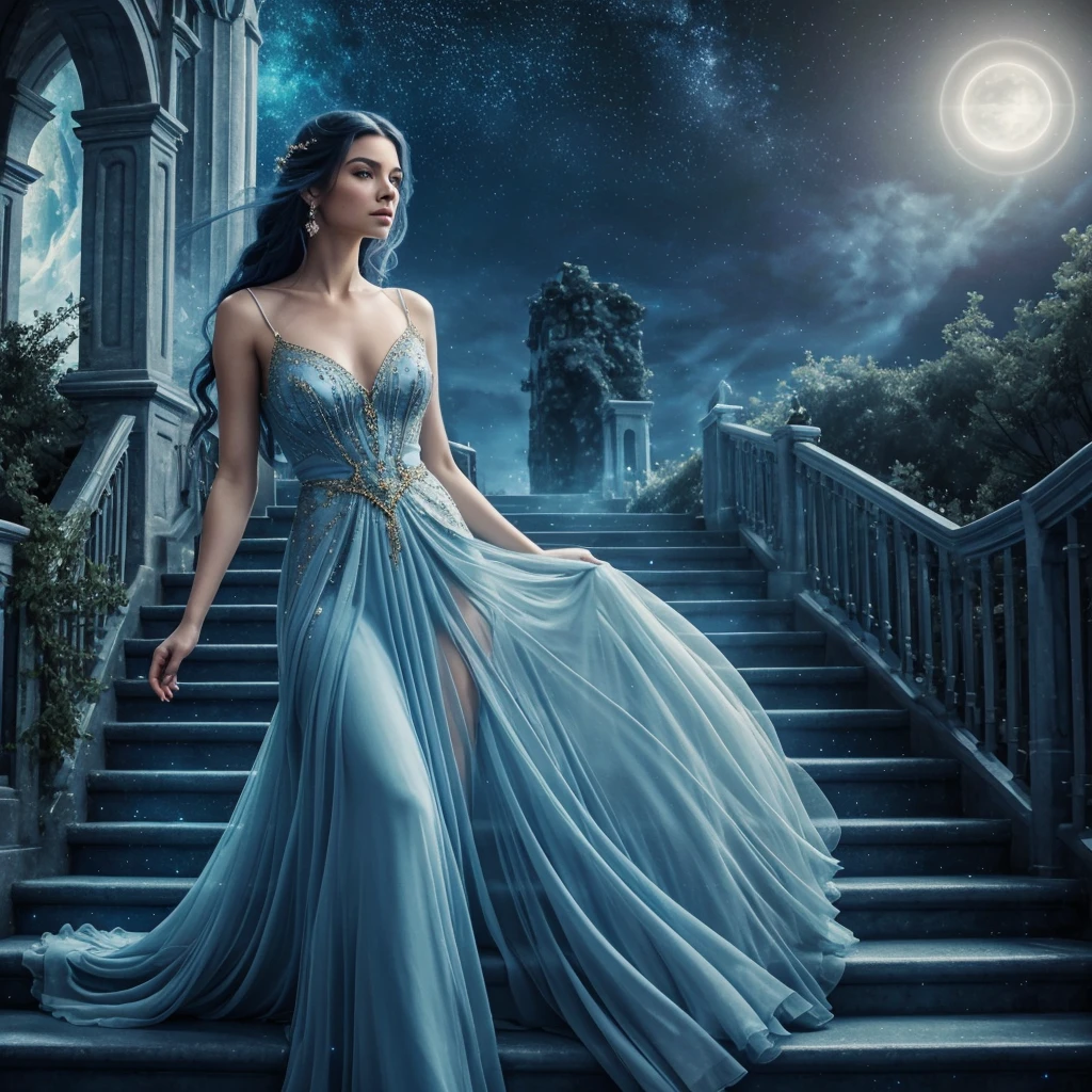 a beautiful ethereal blue woman, detailed face, piercing eyes, elegant flowing dress, walking on golden stairs in the sky, surrounded by wispy clouds, stars and moons in the distance, dreamlike and mystical atmosphere, (best quality, 8k, highres, masterpiece:1.2), ultra-detailed, photorealistic, cinematic lighting, dramatic colors, soft focus, magical, fantasy, surreal