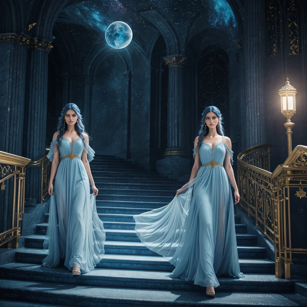 a beautiful ethereal blue woman, detailed face, piercing eyes, elegant flowing dress, walking on golden stairs in the sky, surrounded by wispy clouds, stars and moons in the distance, dreamlike and mystical atmosphere, (best quality, 8k, highres, masterpiece:1.2), ultra-detailed, photorealistic, cinematic lighting, dramatic colors, soft focus, magical, fantasy, surreal