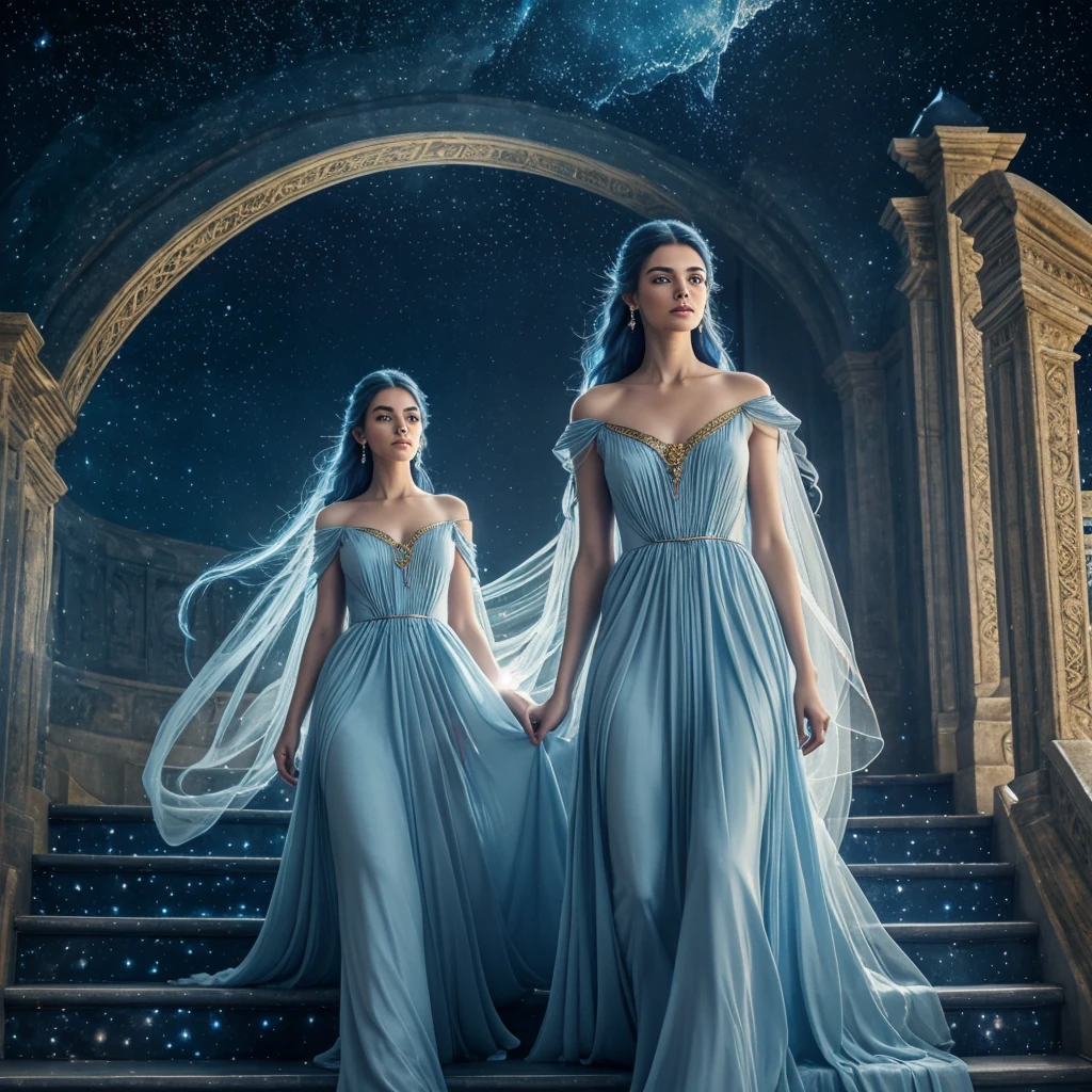 a beautiful ethereal blue woman, detailed face, piercing eyes, elegant flowing dress, walking on golden stairs in the sky, surrounded by wispy clouds, stars and moons in the distance, dreamlike and mystical atmosphere, (best quality, 8k, highres, masterpiece:1.2), ultra-detailed, photorealistic, cinematic lighting, dramatic colors, soft focus, magical, fantasy, surreal