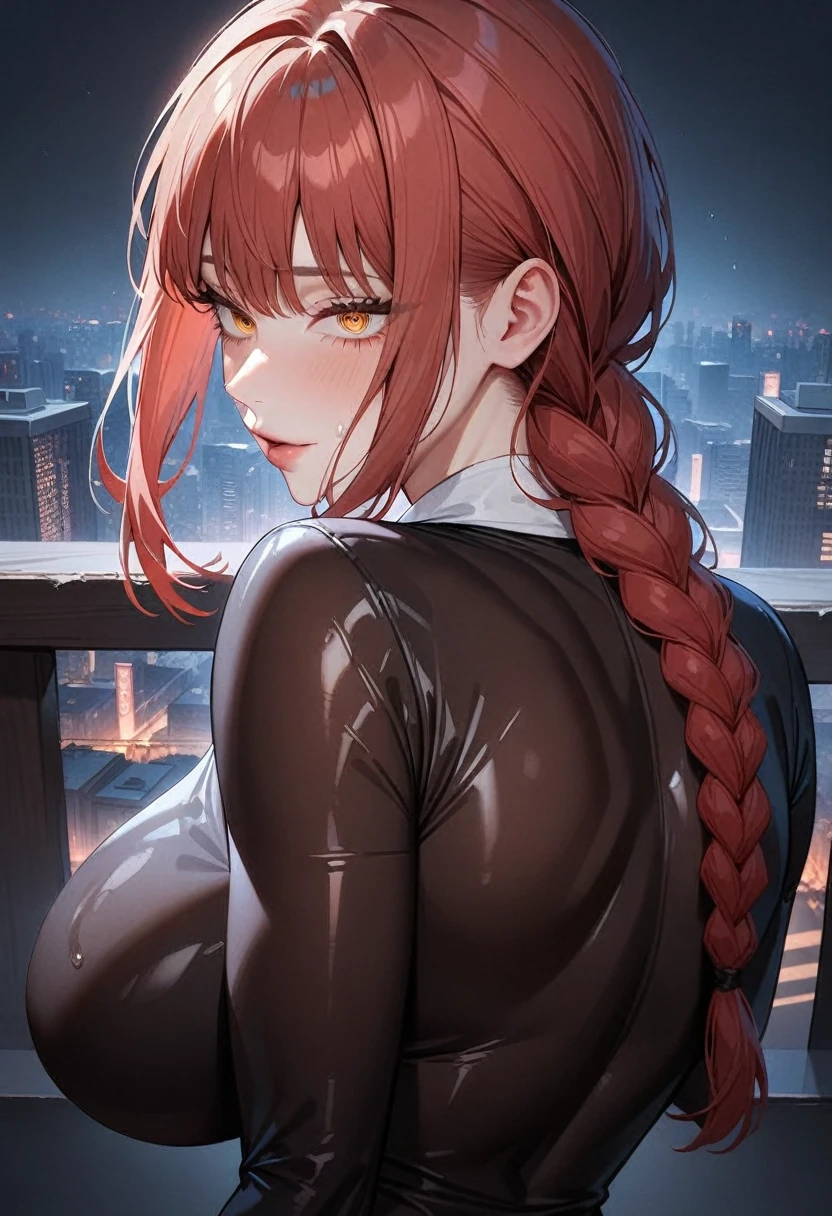 1girl,makima \(chainsaw man\), chainsaw man,super detailed skin,shiny skin,oily skin,sexual ecstasy face ,eyelashes,lips gloss,red hair,sidelocks,a braid, large breasts ,look back,bodysuit,back shot,cityscape ,masterpiece,best quality,ultra detailed,high resolution,sharp focus