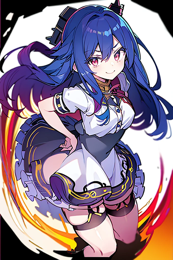 (masterpiece),best quality, perfect face, 1girl, evil smile, hands on waist, beautiful, blue hair, blue hair, floating clothes, waist grab, grabbing waist, red eyes, hands on hips, legs on ground, flat chest, military suit, uniform, miniskirt, black leather thigh boot, leather gloves, white background, military uniform, military, looking at the viewer, military hat, garter belt straps on skirt