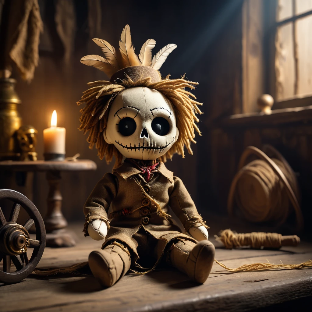(knitted toy voodoo doll:1.5), (Voodoo Cursed Farmer:1.3), (Clothing: tattered overalls with dark stains:1.0), (Accessories: enchanted cursed pitchfork, glowing sinister scarecrow:1.1), (background: haunted farm with flickering lanterns, eerie rustling, and ghostly crops:1.2), best quality, masterpiece, detailed soft oil painting, detailed background, dramatic cinematic lighting, soft edge lighting, professional, dramatic lighting, hard edge lighting, ultra quality, 4k, masterpiece, best quality, 8k, ultra high definition, high resolution, extremely detailed