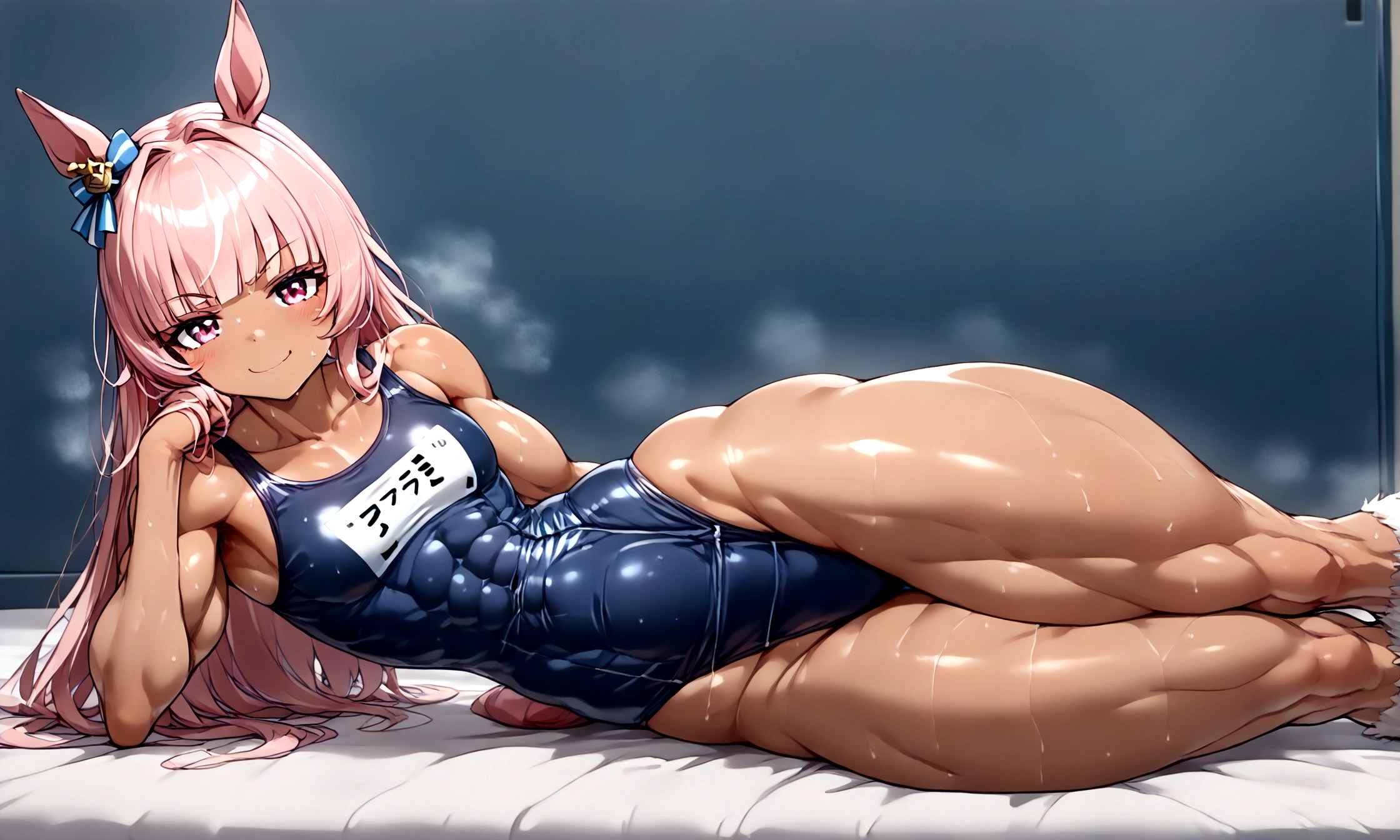 (((extremely young youthful tiny fastest agile child:1.4))) Urara Haru\(umamusume\),1girl, small breasts, laying on viewer, tan, sweaty, (amidst a stunning massive toned extremely powerful strong pronounced muscle tone pronounced tight side-defined build:1.3) with slim narrow waist, wide muscular hips leaning forward,pointed, feet to viewer feet sole,horse girl, horse tail, Pink hair, Pink eyes, horse ears, long hair, Smug mouth, (toned tight hypermuscular supermassive ripped swole abs toned pronounced extremely tight defined stunning pronounced toned side-defined build:1.4) ,nose (((solo, wearing a ultra-detailed realistic wet way too small tight Neopren Texture Naviblue one-piece Japanese small school swimsuit that has grown out of size much too small barely fits and presses the skin ab lines:1.4))), (Solo extremely youthful absurdly insane physical small tiny body, very extreme supermassive thick swole oversized booty hips pelvis butt, extremely powerful toned pronounced swole overpowering Race horse legs:1.4)