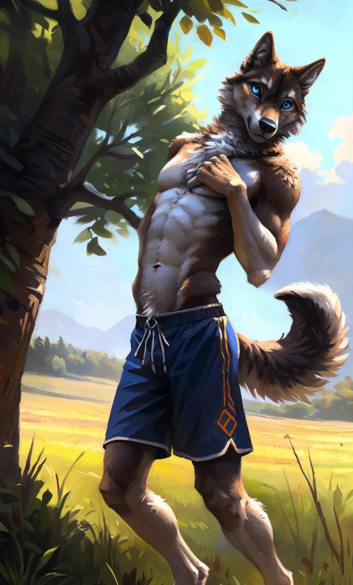 ((Solo)), male people, anthro wolf, (Multi-colored fur, White-brown:1.3，White tail pointed), (Height 2.1m,Tail length 1.2m), ((Wolf face, Big eyes, White eyelids, Blue pupil, Slim:1.2) (Tough, Calm expression:1.2)), Abs, Slim, pinging)), (Correct anatomy), (Work shorts:1.1), The upper body  naked, (detailed outfits),A long big tail，Feet，(Realistic fur, Detailed fur texture, labeled:1.3)), (Natural lighting), Photorealistic, Hyperrealistic, ultradetailed, by Kenket，Field，erect through，Running on