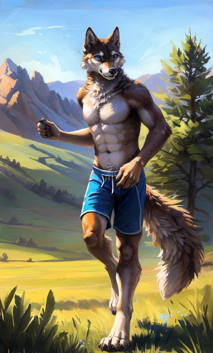 ((Solo)), male people, anthro wolf, (Multi-colored fur, White-brown:1.3,White tail pointed), (Height 2.1m,Tail length 1.2m), ((Wolf face, Big eyes, White eyelids, Blue pupil, Slim:1.2) (Tough, Calm expression:1.2)), Abs, Slim, pinging)), (Correct anatomy), (Work shorts:1.1), The upper body naked, (detailed outfits),A long big tail,Feet,(Realistic fur, Detailed fur texture, labeled:1.3)), (Natural lighting), Photorealistic, Hyperrealistic, ultradetailed, by Kenket,Field,erect through,Running on