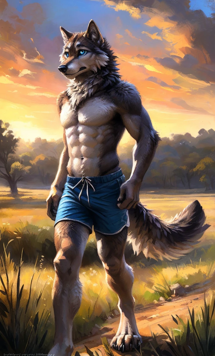 ((Solo)), male people, anthro wolf, (Multi-colored fur, White-brown:1.3,White tail pointed), (Height 2.1m,Tail length 1.2m), ((Wolf face, Big eyes, White eyelids, Blue pupil, Slim:1.2) (Tough, Calm expression:1.2)), Abs, Slim, pinging)), (Correct anatomy), (Work shorts:1.1), The upper body naked, (detailed outfits),A long big tail,Feet,(Realistic fur, Detailed fur texture, labeled:1.3)), (Natural lighting), Photorealistic, Hyperrealistic, ultradetailed, by Kenket,Field,erect through,Running on