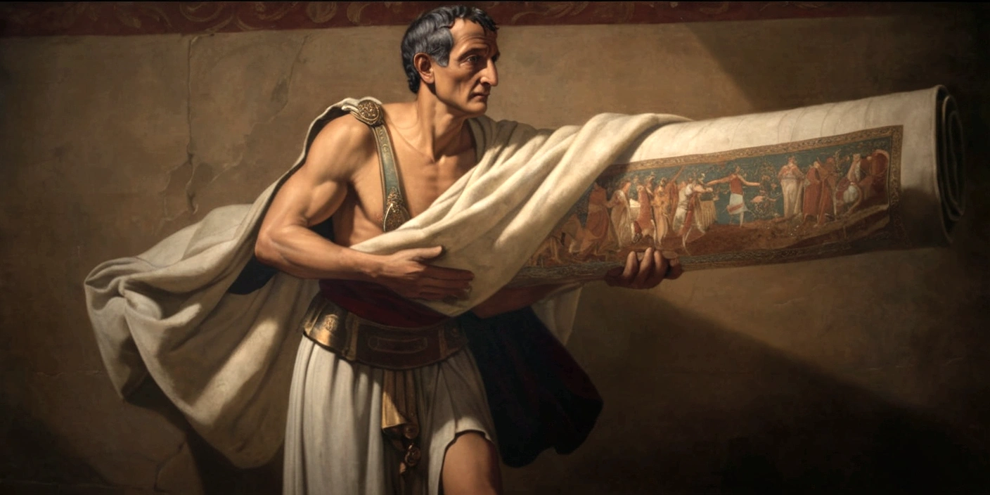 Renaissance painting of an exclave by Julius Caesar carrying a 1.70 m long decorated carpet, hidden inside Julius Caesar's palace of Alexandria, he is alone