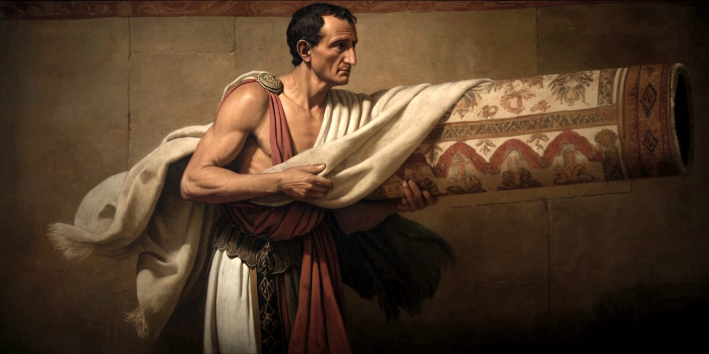 Renaissance painting of an exclave by Julius Caesar carrying a 1.70 m long decorated carpet, hidden inside Julius Caesar's palace of Alexandria, he is alone