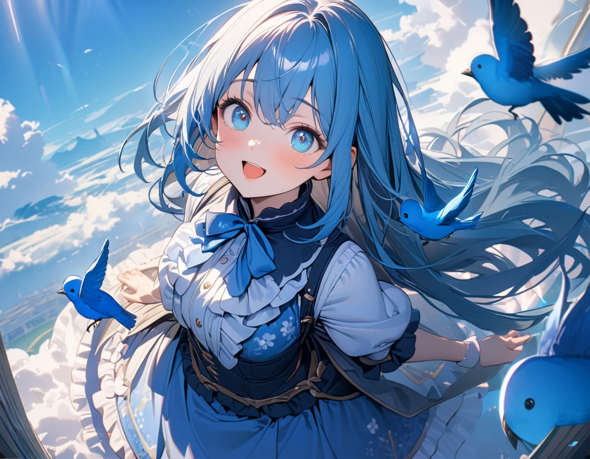 (8K, best quality, master piece: 1.2), super high resolution,1girl,16yo,ultra-detailed face,beautiful detailed eyes, luscious eyes,extra long hair,straight hair,blue hair,the girl is walking in the air straddling and riding on a large blue bird,enjoy,smile,open mouth,Wearing floral pattern blue ruffle dress,The blue bird is big and graceful and carrying a dwarf girl on its back,above the sky,crepuscular rays,Blue sky,aerial shot