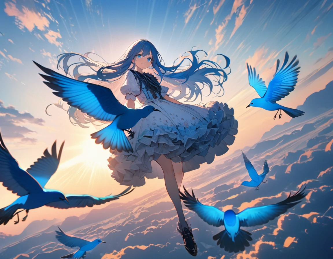 (8K, best quality, master piece: 1.2), super high resolution,1girl,yo,ultra-detailed face,beautiful detailed eyes, luscious eyes,extra long hair,straight hair,blue hair,the girl is walking in the air straddling and riding on a large blue bird,enjoy,smile,open mouth,Wearing floral pattern blue ruffle dress,The blue bird is big and graceful and carrying a dwarf girl on its back,above the sky,crepuscular rays,Blue sky,aerial shot