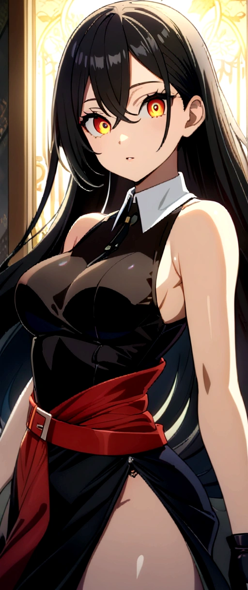 Akame, ((masterpiece, best quality)), (((extremely detailed, intricate details, lush detail, insanely detailed face, beautiful light brown eyes, shiny skin, sharp eyes))), ((Indoors, dramatic shadows, vibrant colors, backlighting, depth of field, highleg, contrapposto, (very long hair))), (((solo, 1girl, shadow over face, glowing red eyes))), ((black hair)), ((medium breasts)), (( sleeveless black shirt, black skirt, white collar shirt, red belt, hidden hands)), bangs, hair between eyes, ass, big eyes, upper body, face focus, muscle, slim body, looking at viewer, long black gloves, red bracer, Standing outside at night with full moon, parted lips, anime coloring,