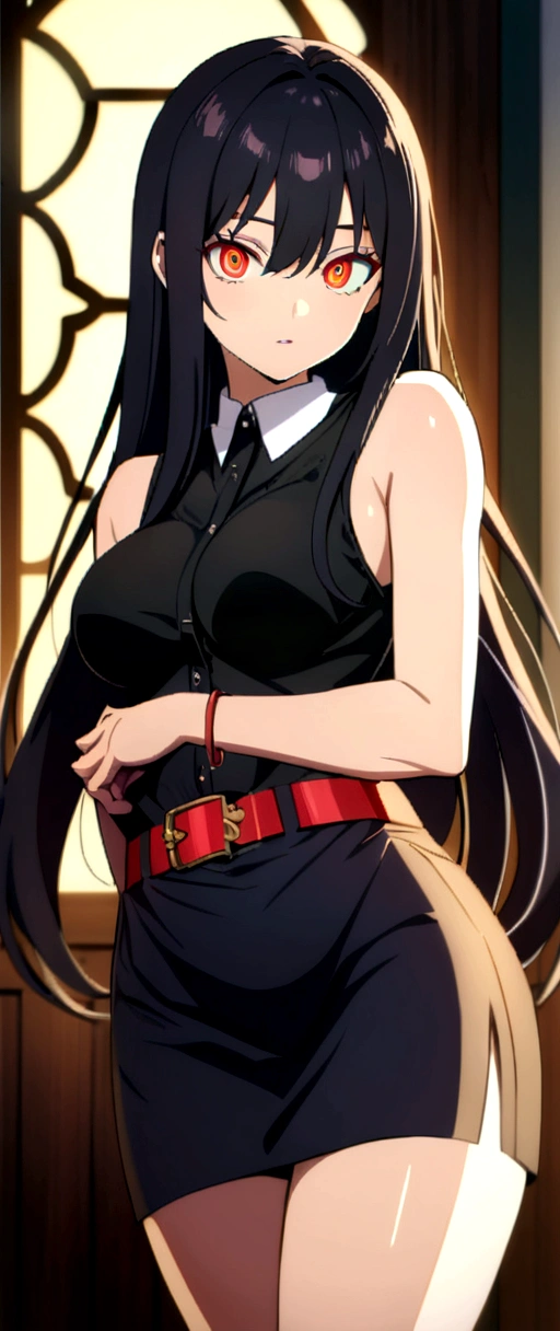 Akame, ((masterpiece, best quality)), (((extremely detailed, intricate details, lush detail, insanely detailed face, beautiful light brown eyes, shiny skin, sharp eyes))), ((Indoors, dramatic shadows, vibrant colors, backlighting, depth of field, highleg, contrapposto, (very long hair))), (((solo, 1girl, shadow over face, glowing red eyes))), ((black hair)), ((medium breasts)), (( sleeveless black shirt, black skirt, white collar shirt, red belt, hidden hands)), bangs, hair between eyes, ass, big eyes, upper body, face focus, muscle, slim body, looking at viewer, long black gloves, red bracer, Standing outside at night with full moon, parted lips, anime coloring,
