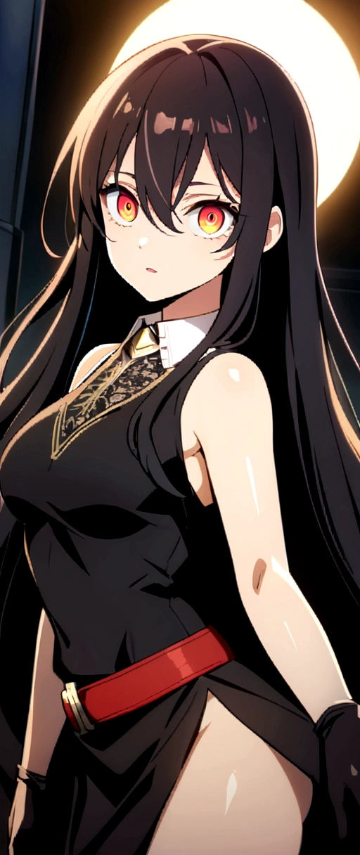 Akame, ((masterpiece, best quality)), (((extremely detailed, intricate details, lush detail, insanely detailed face, beautiful light brown eyes, shiny skin, sharp eyes))), ((Indoors, dramatic shadows, vibrant colors, backlighting, depth of field, highleg, contrapposto, (very long hair))), (((solo, 1girl, shadow over face, glowing red eyes))), ((black hair)), ((medium breasts)), (( sleeveless black shirt, black skirt, white collar shirt, red belt, hidden hands)), bangs, hair between eyes, ass, big eyes, upper body, face focus, muscle, slim body, looking at viewer, long black gloves, red bracer, Standing outside at night with full moon, parted lips, anime coloring,