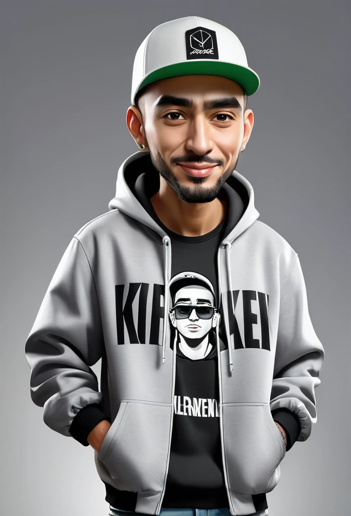 make a caricature image of a man wearing streetwear clothes on a gray background with sufficient lighting, 3d 8d caricature image quality