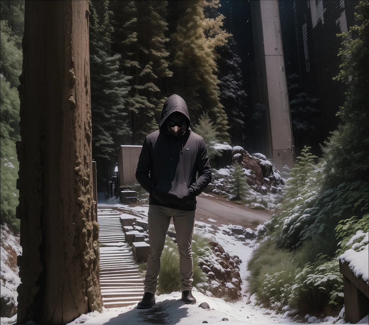 horror movie, 8k image quality, masterpiece, ultra-clean image quality, super rich details, silhouette of a cold man in the dark, with a hood and harsh features, nobody else, facing the camera, medium image, time-lapse city background night, ground level frame