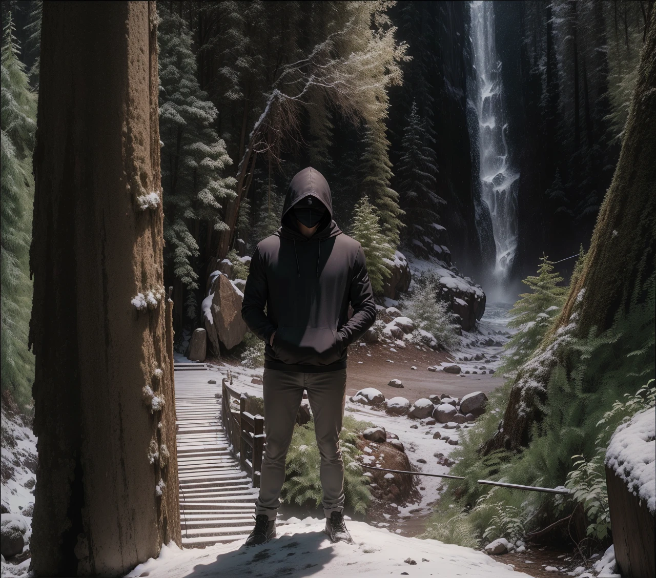 horror movie, 8k image quality, masterpiece, ultra-clean image quality, super rich details, silhouette of a cold man in the dark, with a hood and harsh features, nobody else, facing the camera, medium image, time-lapse city background night, ground level frame
