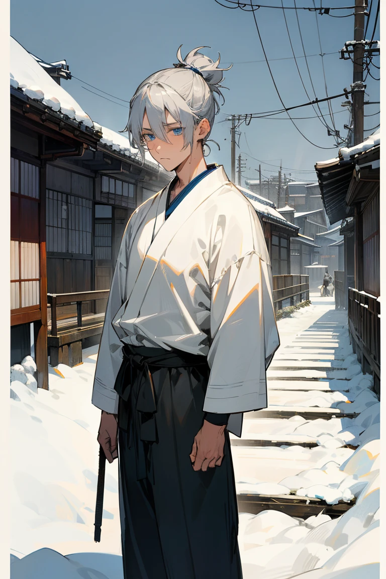 1 male, teenager, Gray Hair, short hair, Messy Man Bun, blue eyes, White yukata, Black underwear, (old Japan background), Detailed Background, standing on the path, Expressionless, emotionless, Old Japanese town background, Snow Scene、sunglasses、Landscape、Wearing a white yukata、