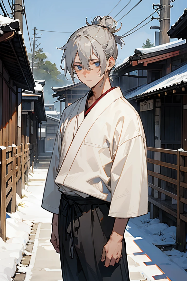 1 male, teenager, Gray Hair, short hair, Messy Man Bun, blue eyes, White yukata, Black underwear, (old Japan background), Detailed Background, standing on the path, Expressionless, emotionless, Old Japanese town background, Snow Scene、sunglasses、Landscape、Wearing a white yukata、