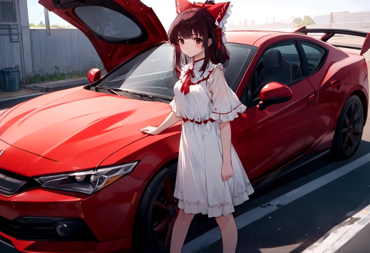araffe girl in a white dress standing next to a red car, anime style 4 k, anime style. 8k, cute anime waifu in a nice dress, anime moe artstyle, 8k!, reimu hakurei, made with anime painter studio, guweiz, smooth anime cg art, badass anime 8 k, high quality anime artstyle