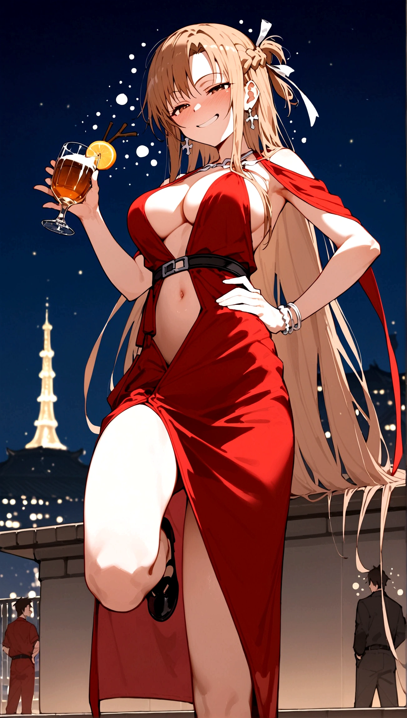 score_9,score_8_up,score_7_up,18 year old,female focus,1girl,asuna \(sao-alo\), sword art online,yuuki asuna,nsfw,brown eyes, brown hair, long hair, bangs, braid,standing,foot up,hand on hip, holding cup,(drunk-smirk),blush,large breasts,brown hair,parted hair,long hair,red dress,fur-trimmed,plunging neckline,center opening,cleavage,navel,earrings,bracelet,roof pool-party,cityscape,night ,multiple-black people,surrounding by 5 strong boys(big male harem)