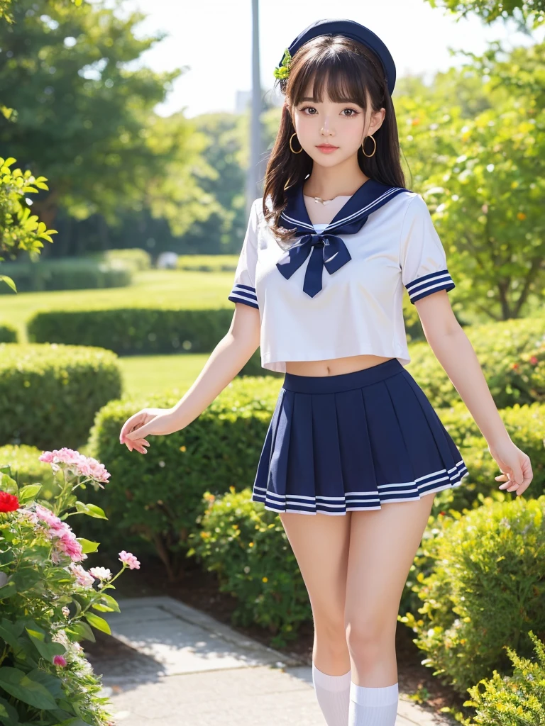 Beautiful woman、cute、Nice body、The thighs are a little thick、Big Tits、Earrings、Are standing、Ribbon in hair、Super mini skirt short sleeve sailor uniform、Panties in full view、Ribbon on chest、garden、(Shiny skin:1.3)、From the thigh up