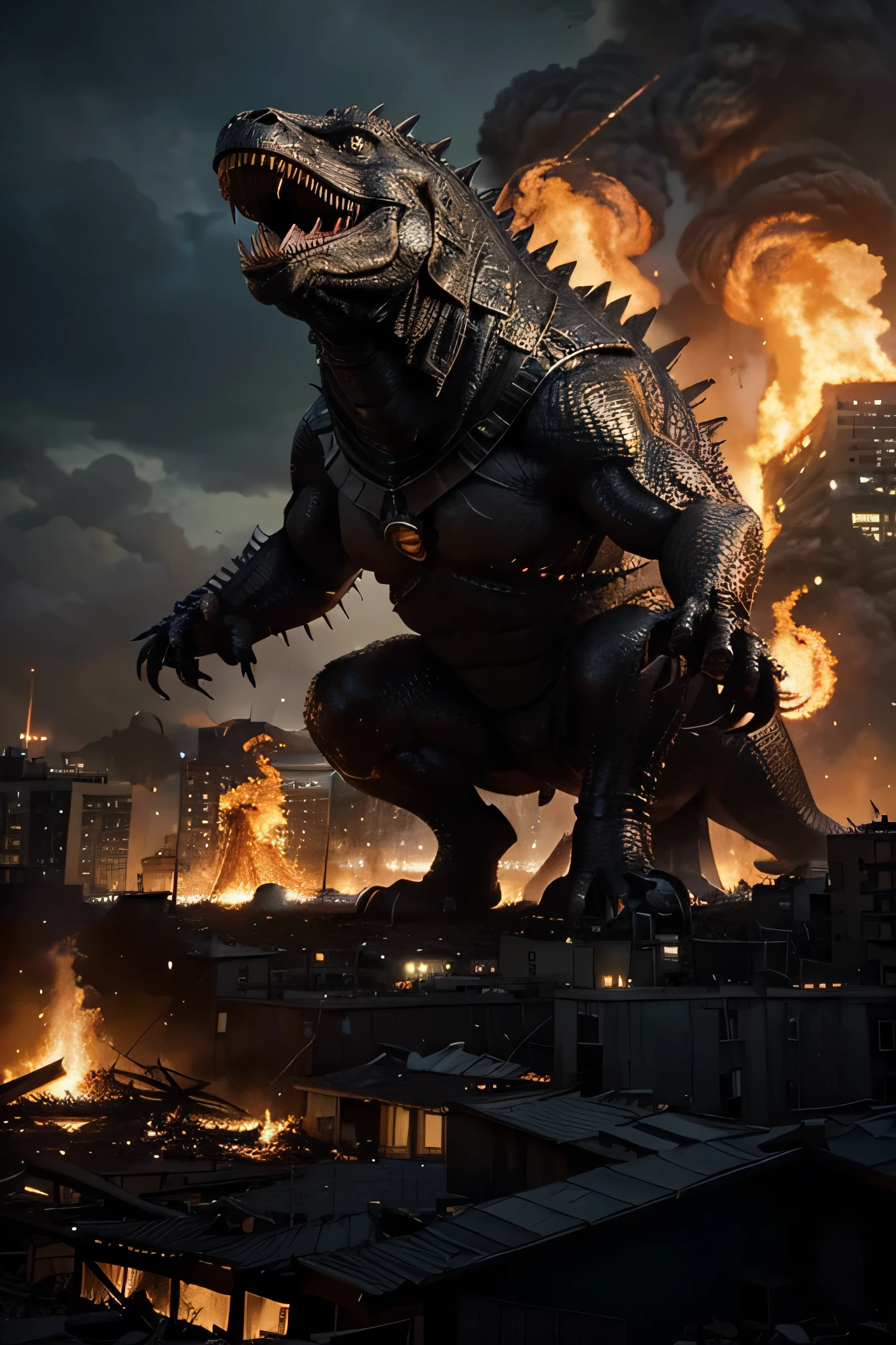 Kolosal, In the heart of the city, towering amidst chaos and flames, looms a colossal, lifelike dinosaur. Its scales glisten with intricate detail, capturing the essence of ancient reptilian majesty. The bones beneath its skin add a stark realism, contrasting against the backdrop of a city in turmoil, buildings engulfed in fiery destruction. Amidst this chaos stands Batman, steadfast and defiant, facing off directly against the towering behemoth. His cape billows in the hot, tumultuous wind, a symbol of unwavering resolve against impossible odds. The scene is a clash of epochs and wills, where mythic creatures and modern heroes converge in an epic struggle for dominance.