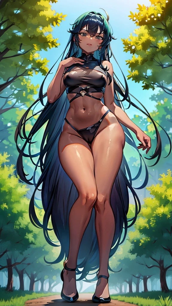 In a forest of large trees there is an even larger Amazonian giantess, with brown skin, black hair, thin, with clothes of the forest, and with very long legs, she is looking for small human invaders of the forest to destroy them so that they do not disturb the peace of the forest. Giantess, goddess, hot, black skin, tall legs, sexy, tiny people, tiny humans, crush, forest, trees, standing, group of small people, slim body