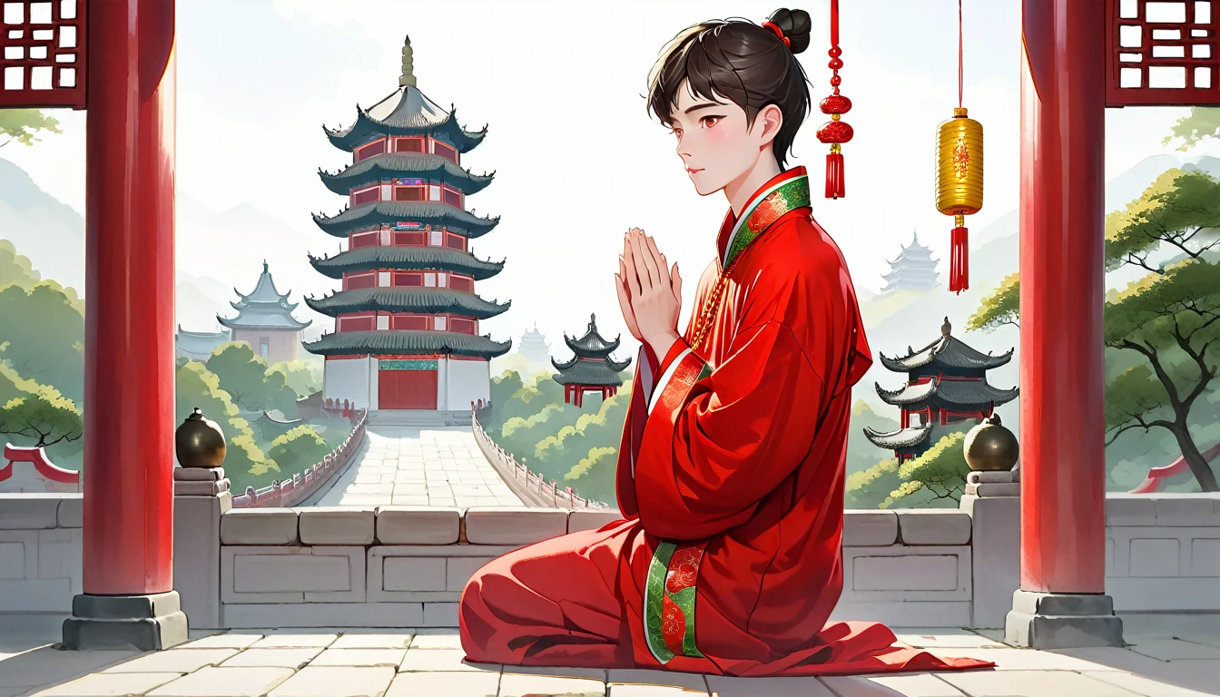 a young man named Ben，Melon seed face，Pale complexion，Brown eyes，Wearing bright red traditional Chinese senior robes。Put your hands together,Pilgrimage to Leifeng Pagoda religiously...