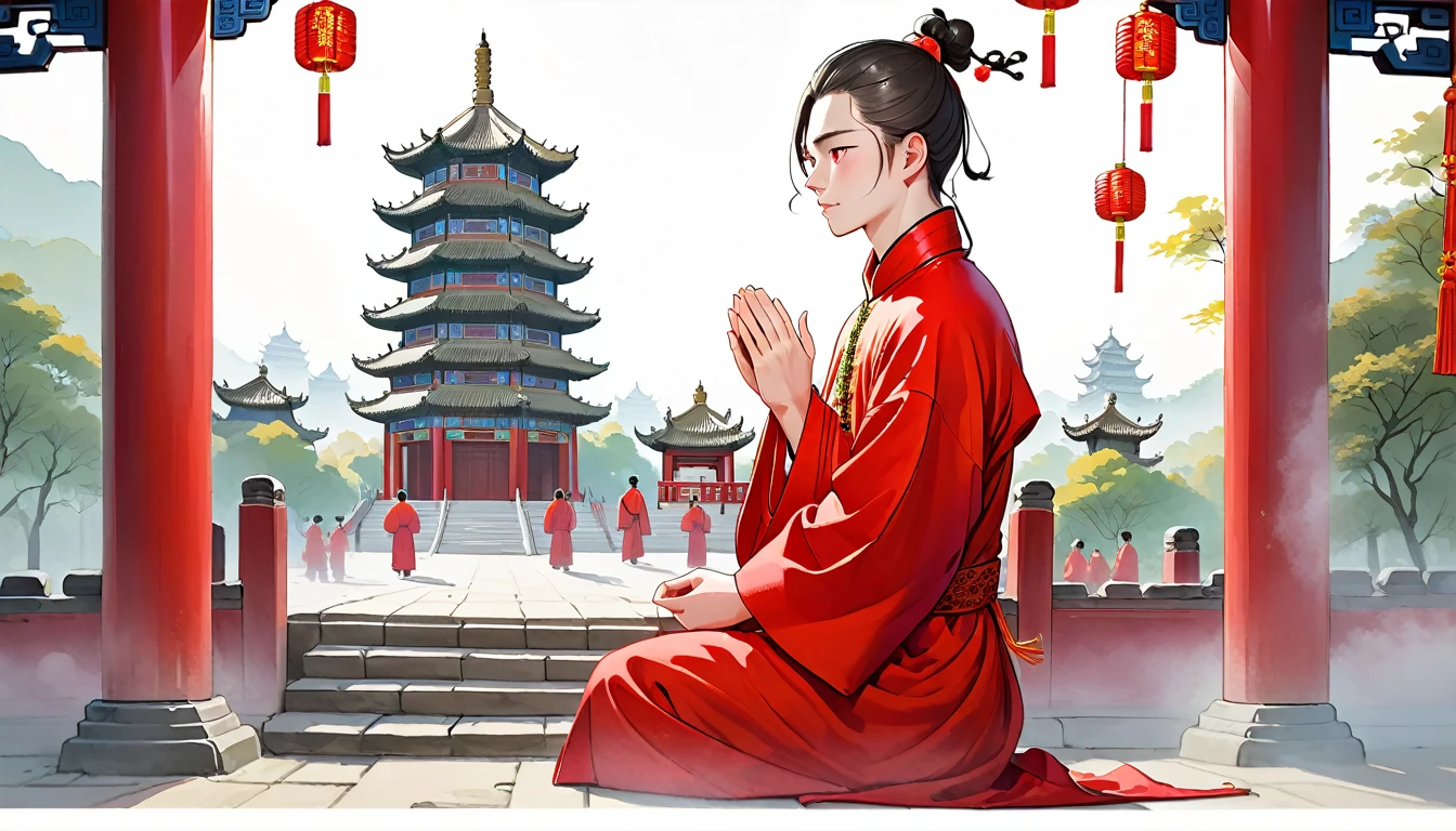 a young man named Ben,Melon seed face,Pale complexion,Brown eyes,Wearing bright red traditional Chinese senior robes。Put your hands together,Pilgrimage to Leifeng Pagoda religiously...