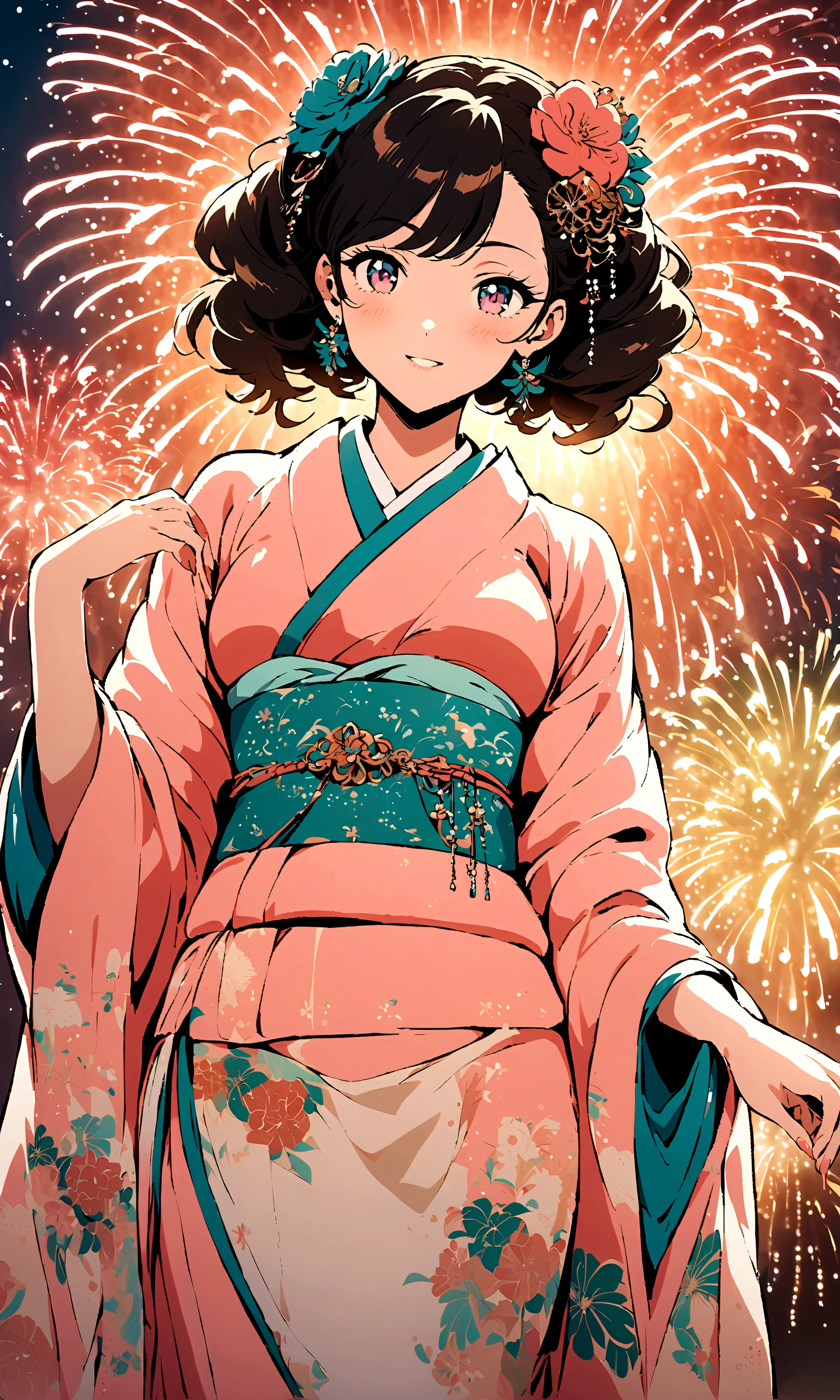 ((Illustration style)),Anime style, Maiko, A woman in an elegant kimono, fireworks, charming