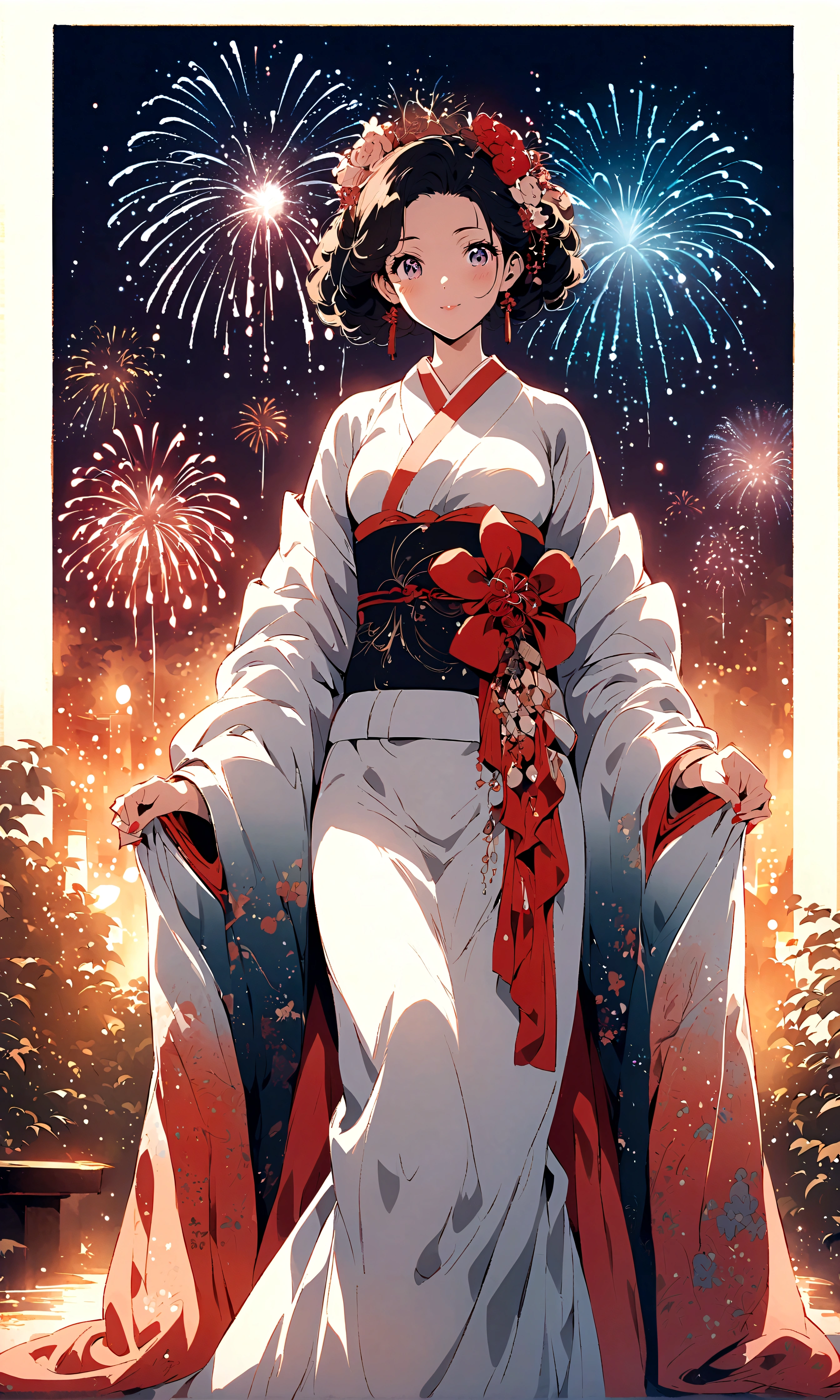 ((Illustration style))，Anime style, Maiko, A woman in an elegant kimono, fireworks, charming